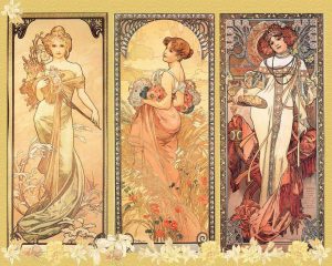 Panneau décoratifs « Les saisons » chez Alphonse Mucha est une des œuvre qui en 1896 permet à l’auteur de se faire connaitre, il deviendra une célébrité complète avec l’affiche pour Sarah Bernhardt « Gismonda ». Alphonse Mucha met en avant la femme pour créer l’attrait : tantôt méditative, tantôt aguichante, il met la femme Belle Epoque à profit pour vendre tout et n’importe quoi