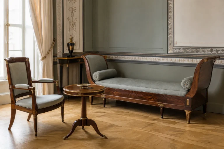Méridienne en acajou, fauteuil à pieds en sabre et guéridon dans un salon de style Directoire