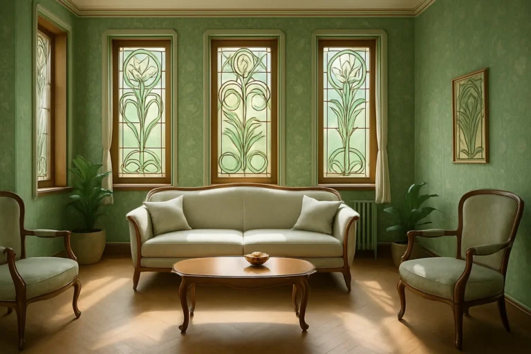 Salon avec vitraux floraux verts, mobilier courbe, décoration art nouveau