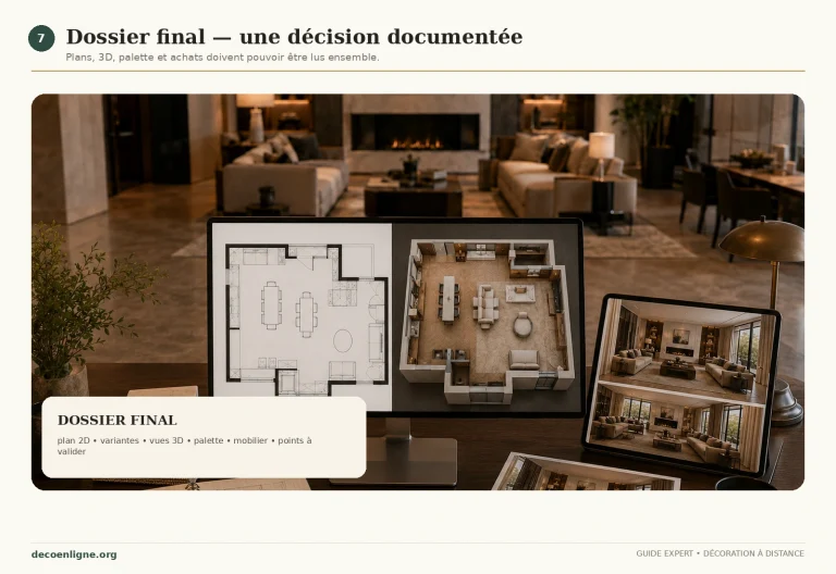 Dossier final de décoration intérieure réunissant plans, vues 3D, palette, mobilier et documents de validation