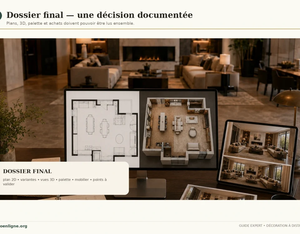 Dossier final de décoration intérieure réunissant plans, vues 3D, palette, mobilier et documents de validation