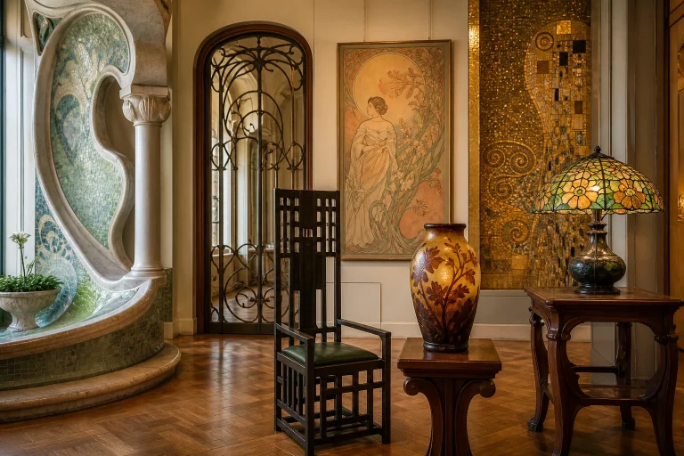 Galerie Art nouveau réunissant architecture organique, ferronnerie, mobilier, verrerie, affiche, vitrail et décor doré