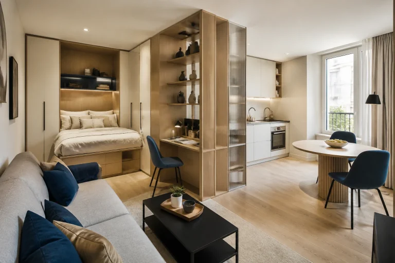 Studio optimisé avec couchage, cuisine, bureau, salon, table ronde et rangements intégrés