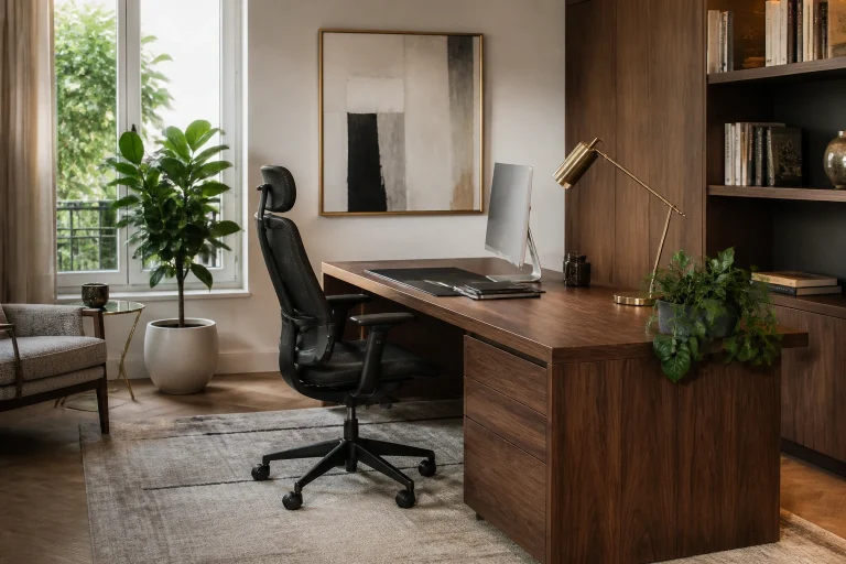 Bureau photoréaliste élégant avec poste ergonomique, rangements en bois et éclairage adapté