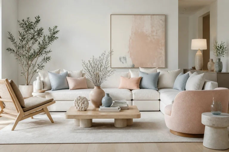 Salon contemporain dans une palette de corail blanchi, bleu grisé, blanc cassé et bois clair