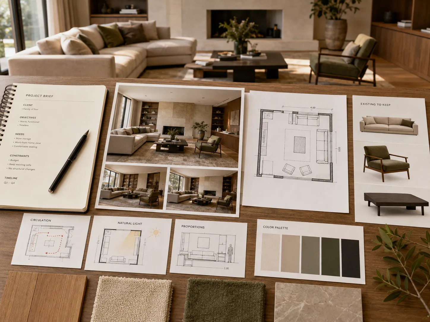 Brief de planche tendance avec photos de la pièce, contraintes, mobilier à conserver et objectifs