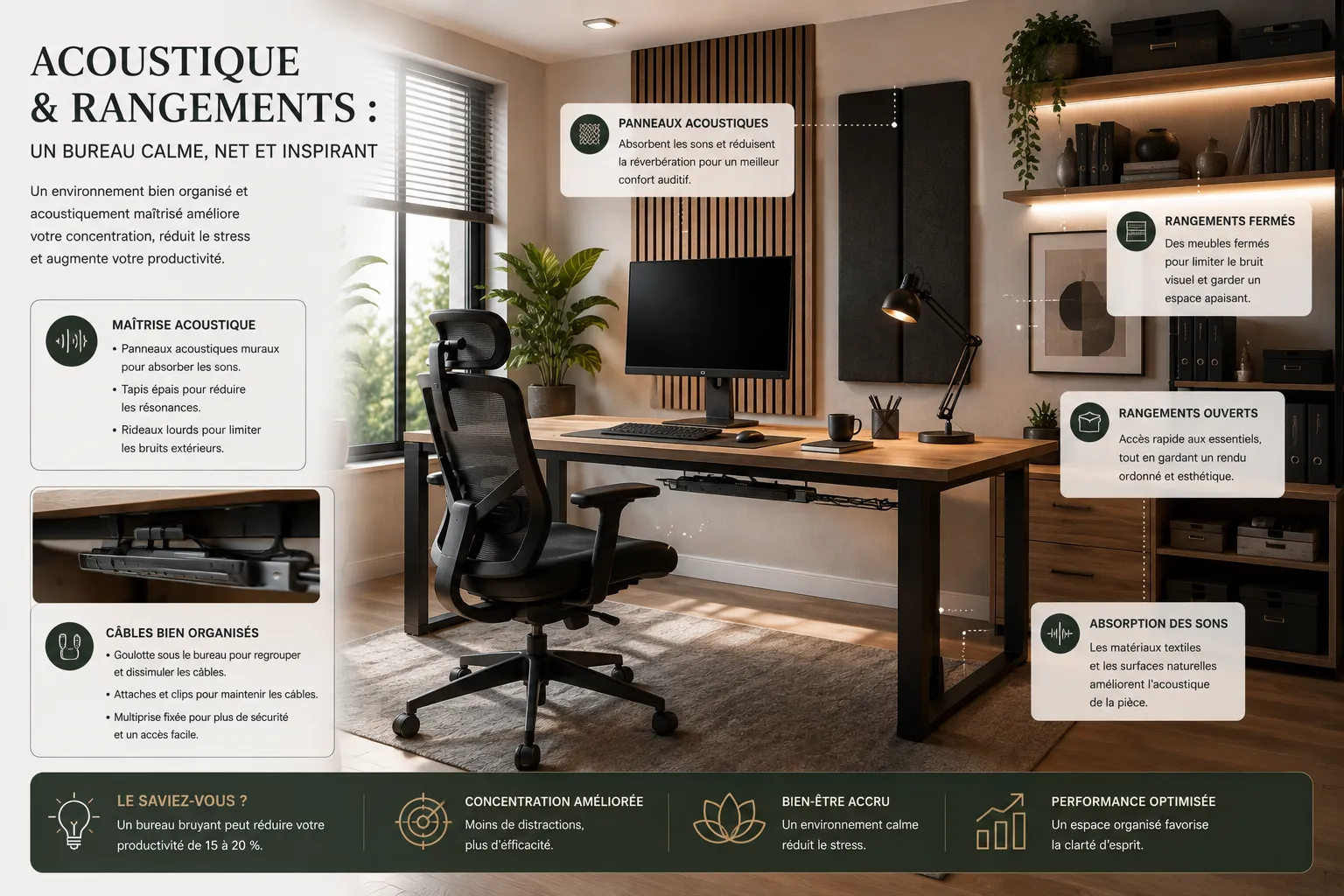 Bureau contemporain avec rangements intégrés gestion discrète des câbles et traitement acoustique