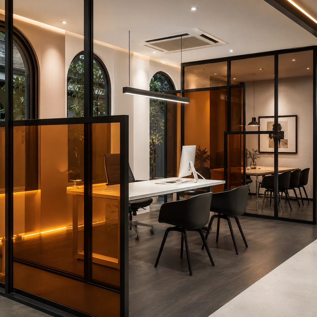 Bureau professionnel contemporain avec cloisons vitrées noires, éclairage moderne et espace de réunion