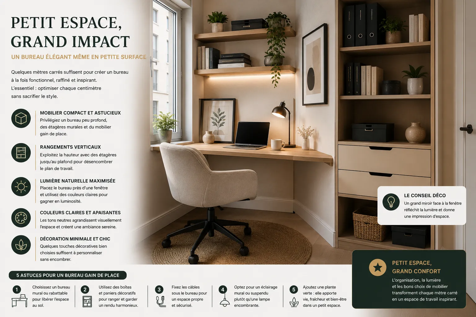 Petit bureau élégant intégré dans une alcôve avec rangement vertical et éclairage dédié
