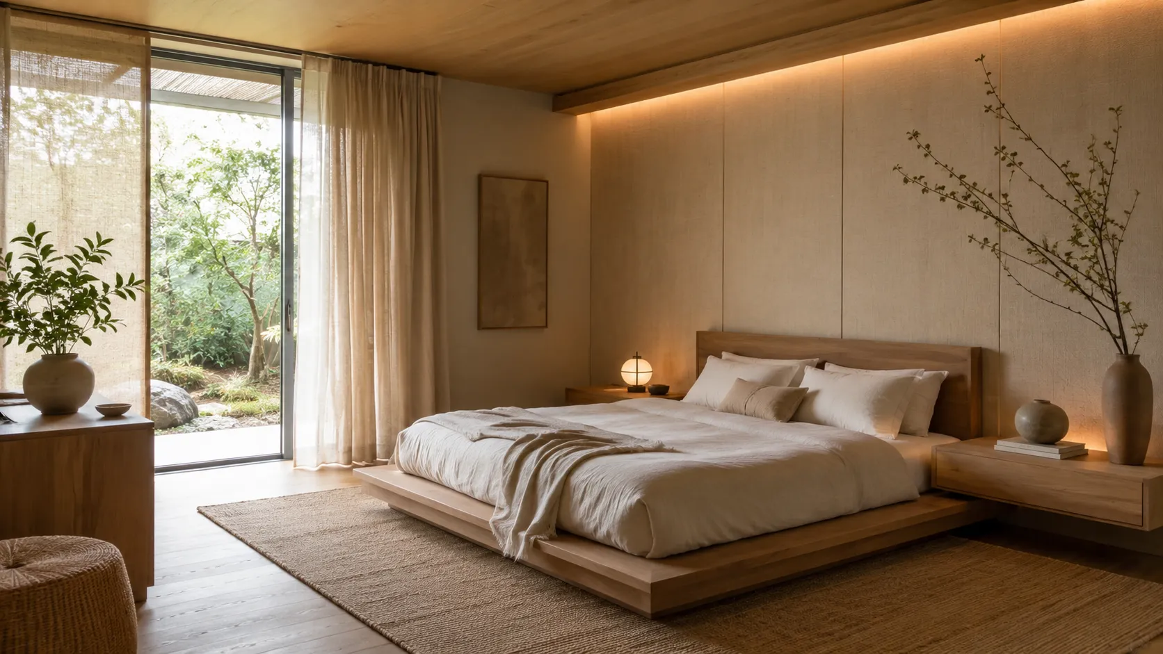 Chambre de style zen avec bois naturel linge en lin couleurs douces et éclairage indirect