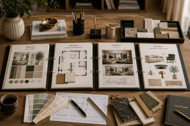 Quatre options de coaching déco avec moodboard, plan d’aménagement, vues 3D et sourcing mobilier