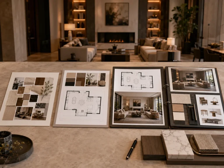 Plusieurs niveaux de conseil déco à distance avec moodboard, plan, vues 3D et sourcing