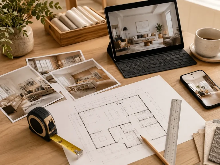 Plan coté, photographies d’intérieur, mètre et tablette pour une étude déco à distance
