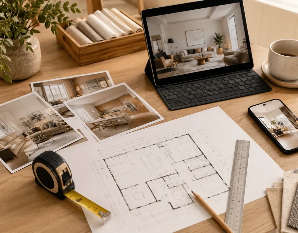 Plan coté, photographies d’intérieur, mètre et tablette pour une étude déco à distance
