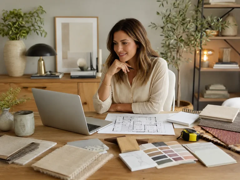 Consultante préparant un projet de coaching déco en ligne avec plans, ordinateur et échantillons de matériaux