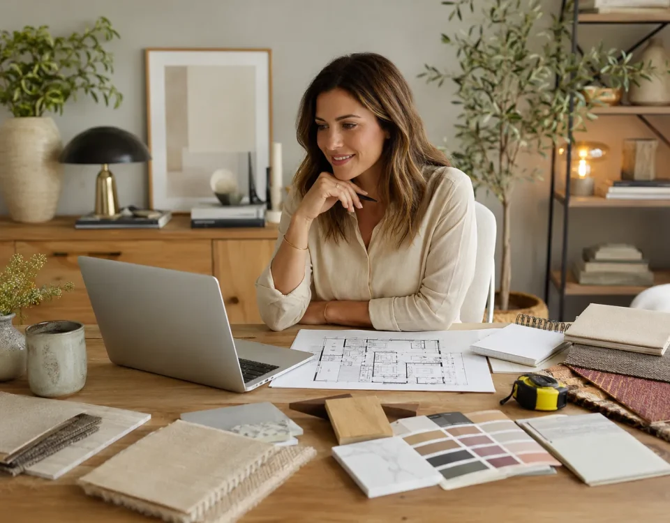 Consultante préparant un projet de coaching déco en ligne avec plans, ordinateur et échantillons de matériaux