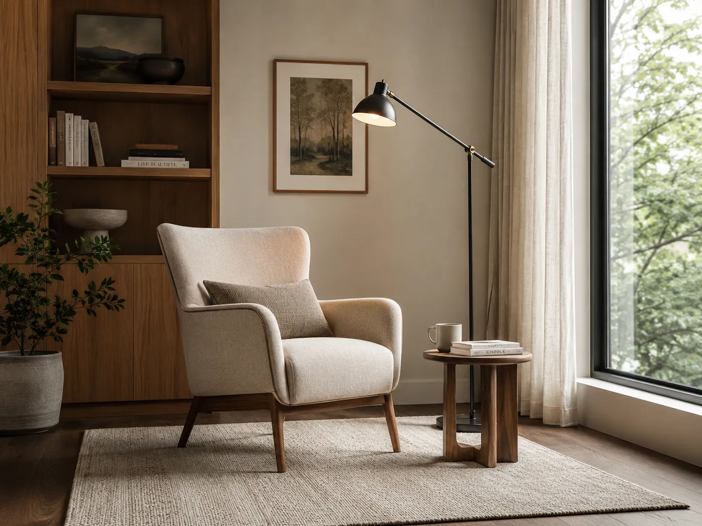 Coin lecture confortable avec fauteuil lampe orientable petite table et tapis dans un salon