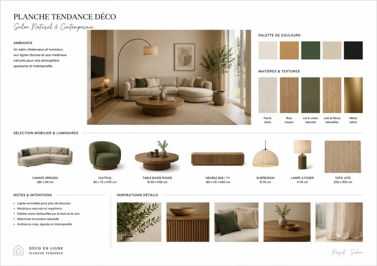 Composition professionnelle d’une planche tendance A3 avec ambiance, palette, matières et mobilier