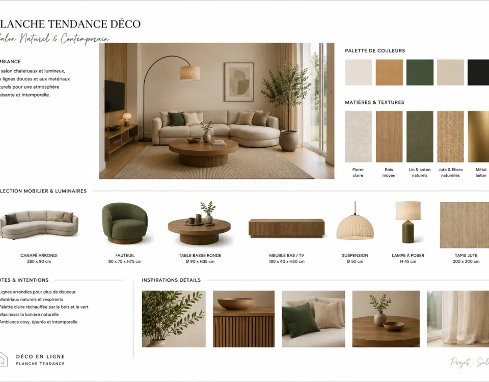 Composition professionnelle d’une planche tendance A3 avec ambiance, palette, matières et mobilier