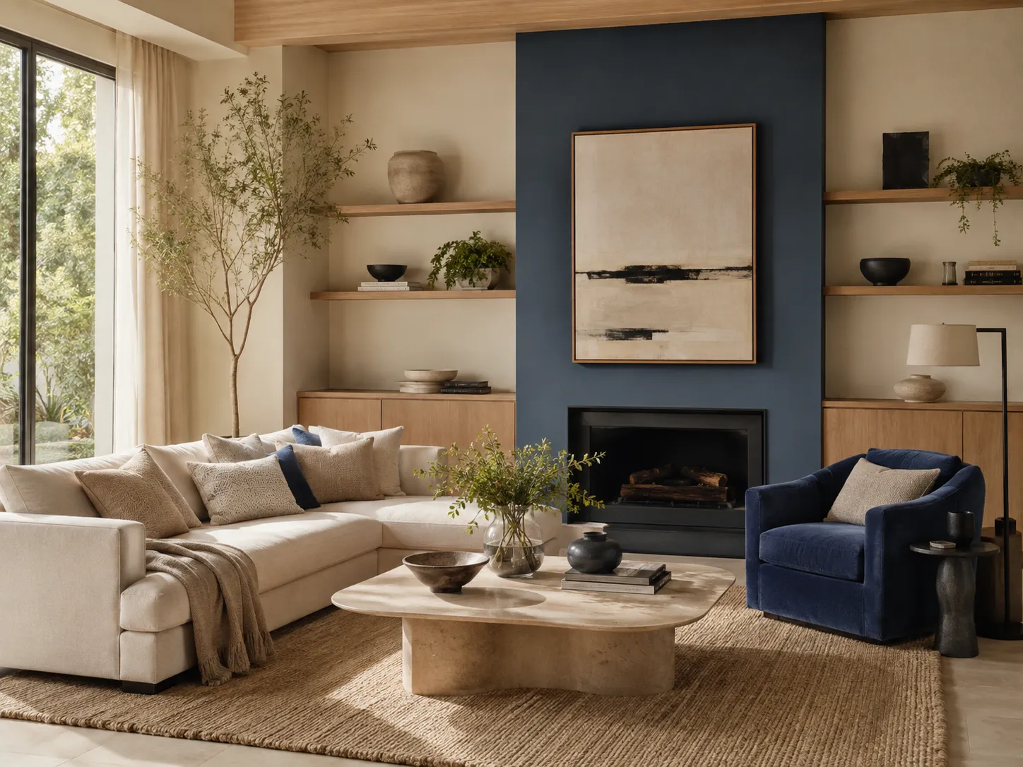 Salon moderne neutre structuré par un fauteuil coloré et un mur d'accent profond