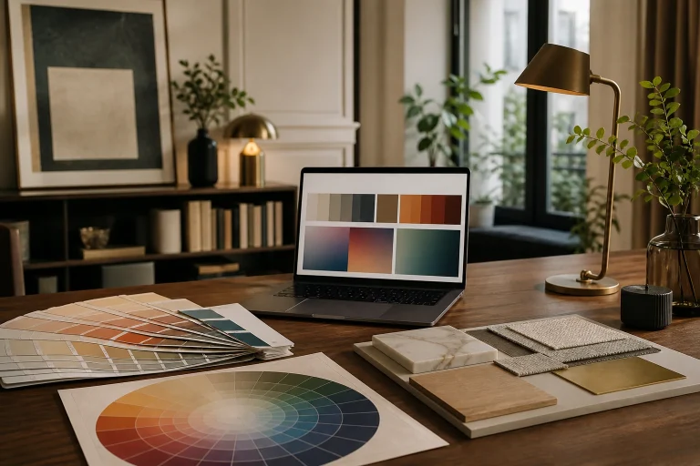 Nuanciers de couleurs et de matières avec ordinateur affichant une palette numérique dans un studio de décoration