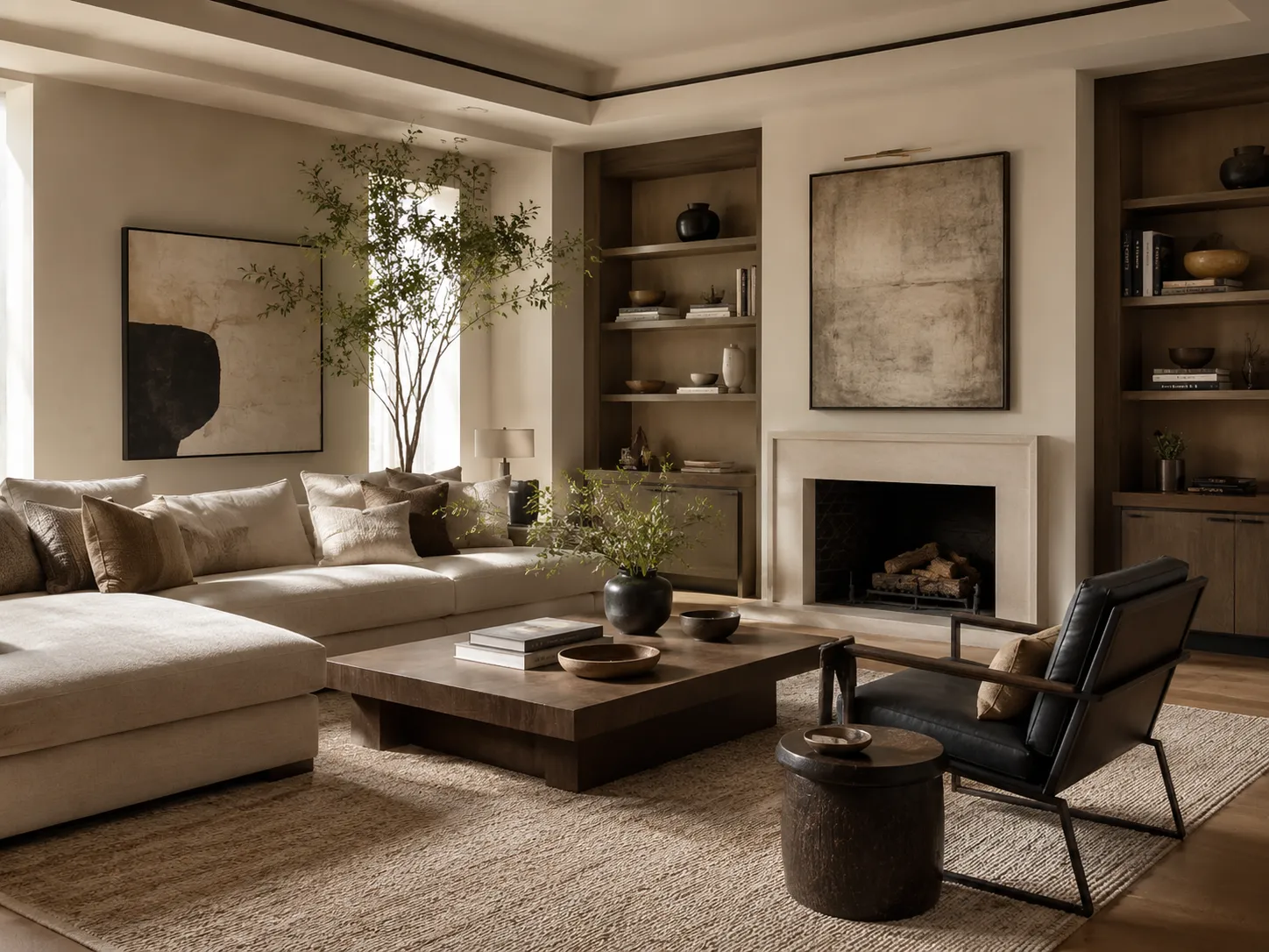 Salon moderne en beige grège blanc cassé et brun avec contrastes de valeurs