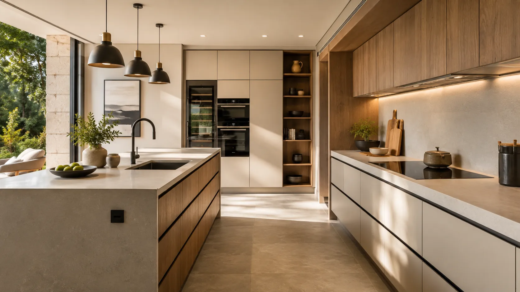 Cuisine aménagée contemporaine ergonomique avec rangements et grand plan de travail