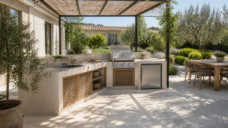 Cuisine d’été extérieure en L sous une pergola avec barbecue, évier et rangements
