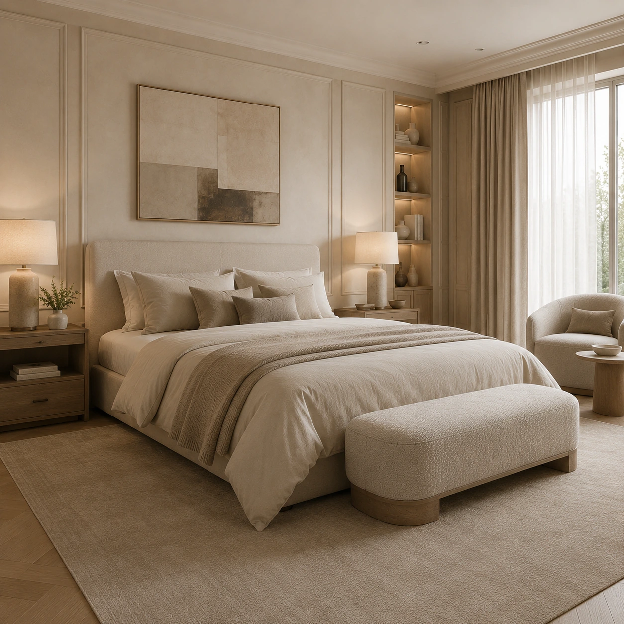 Chambre haut de gamme aux tons beiges dans un style luxe discret