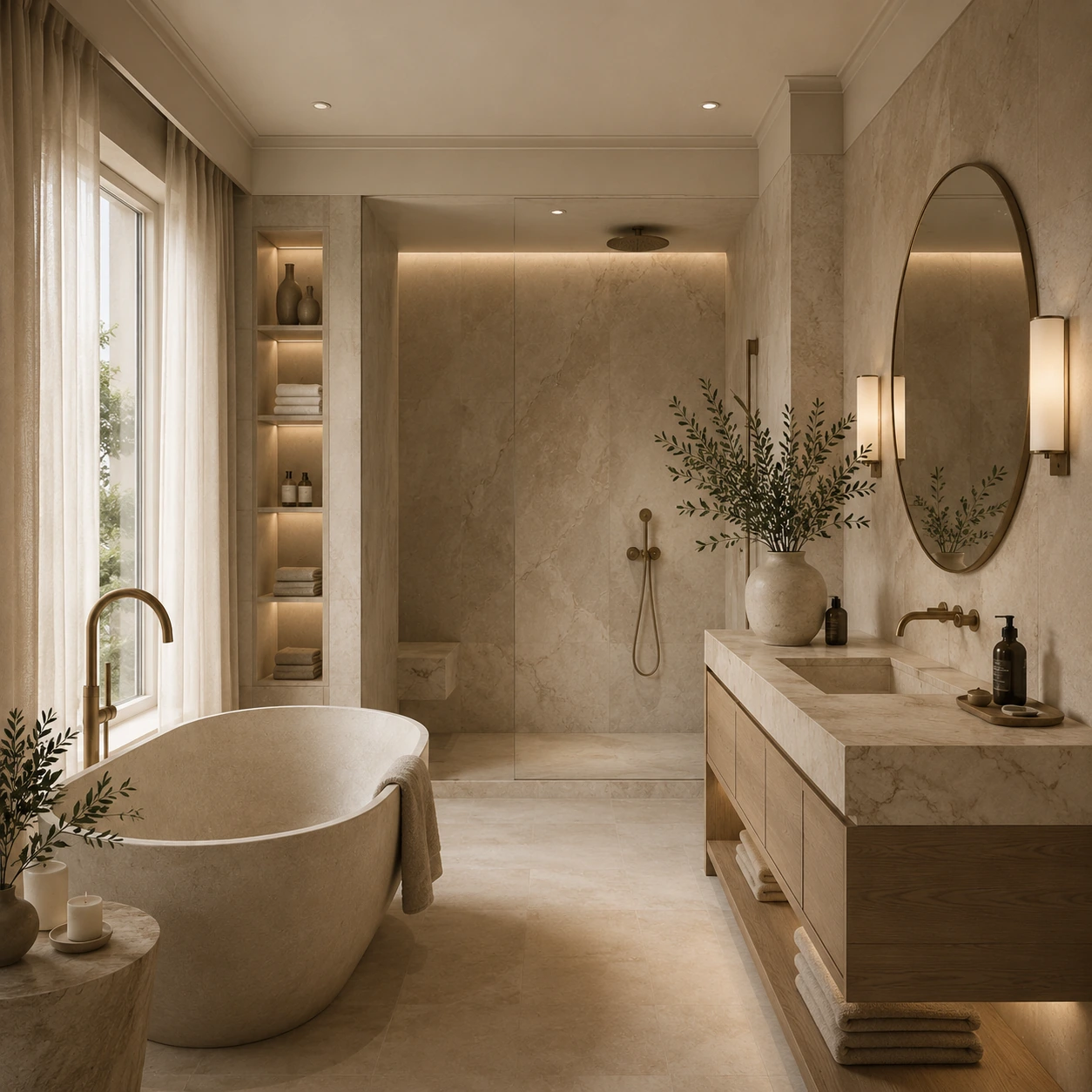 Salle de bains élégante avec pierre naturelle dans un style luxe discret