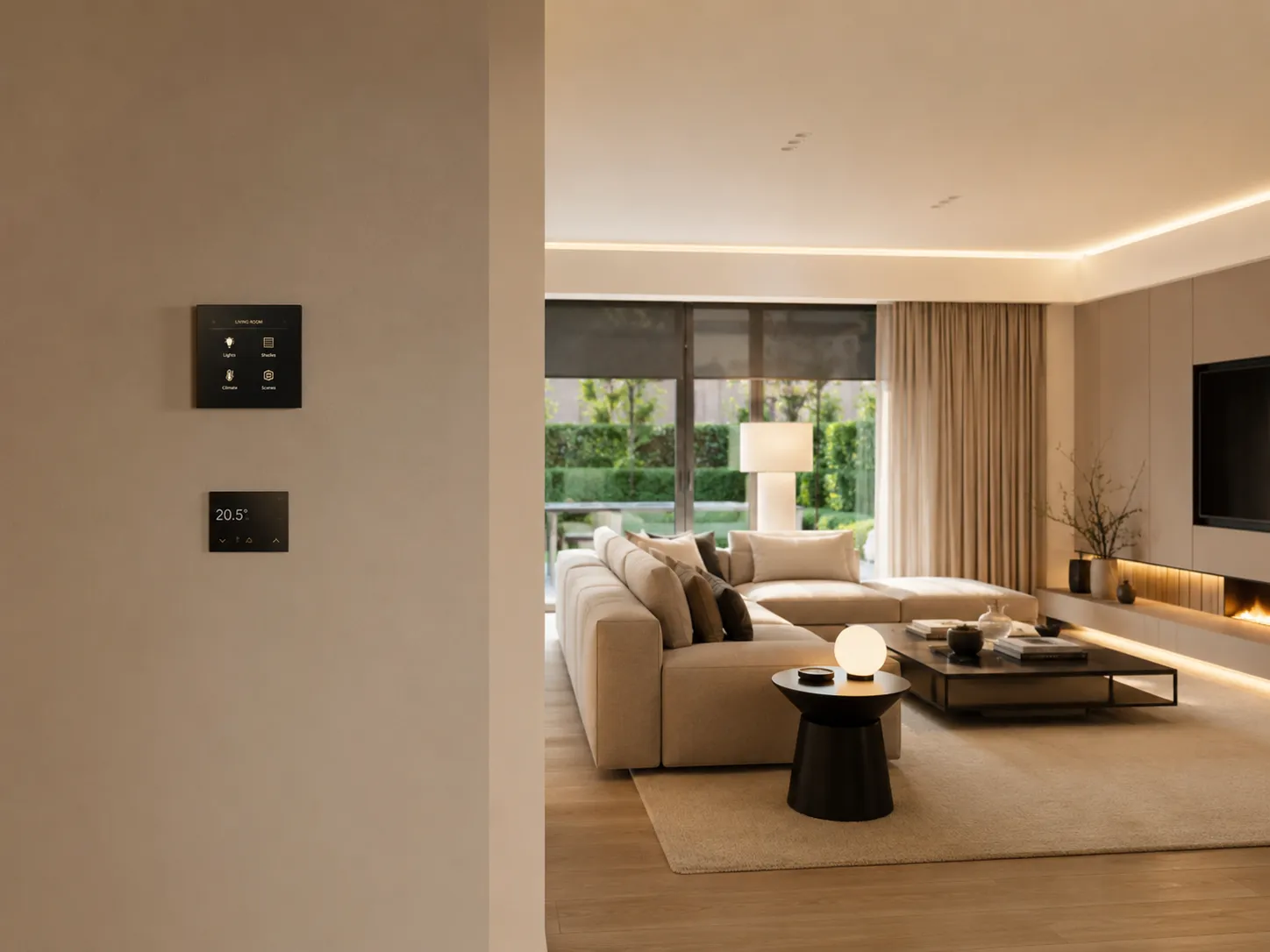 Maison contemporaine avec commandes domotiques discrètes pour éclairage volets et chauffage