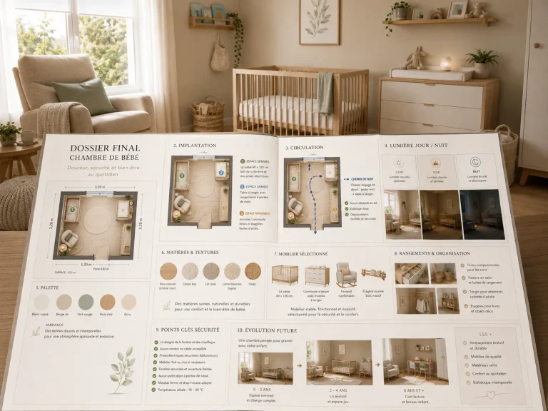 Dossier d’aménagement de chambre de bébé réunissant sécurité, circulation, couleurs, lumière, mobilier et rangements