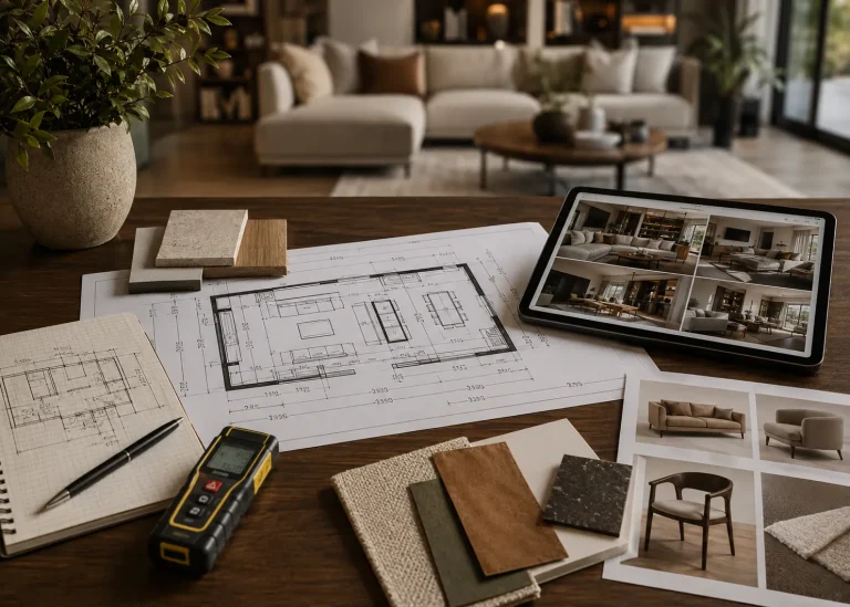 Plan coté, mètre laser, carnet de mesures, photos et échantillons pour préparer un projet d’aménagement intérieur