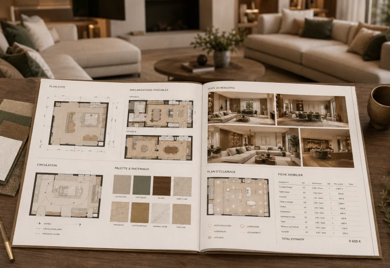 Dossier professionnel d’aménagement et design d’intérieur avec plans cotés, variantes, vues 3D, palette et sélection mobilier