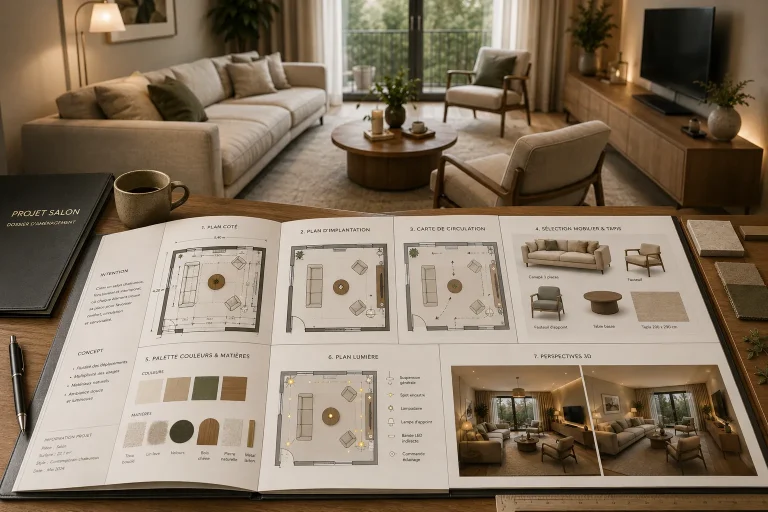 Dossier de conception d’un salon réunissant plan coté, implantation, circulation, couleurs, éclairage, mobilier et perspectives 3D