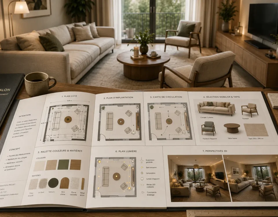 Dossier de conception d’un salon réunissant plan coté, implantation, circulation, couleurs, éclairage, mobilier et perspectives 3D