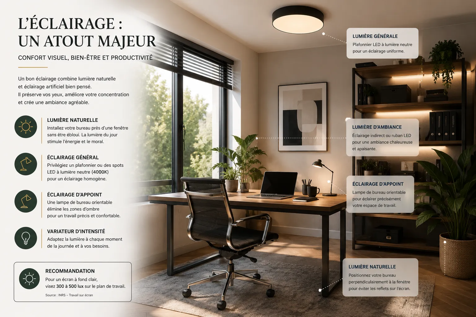 Bureau élégant éclairé par une fenêtre un éclairage général et une lampe de travail orientable