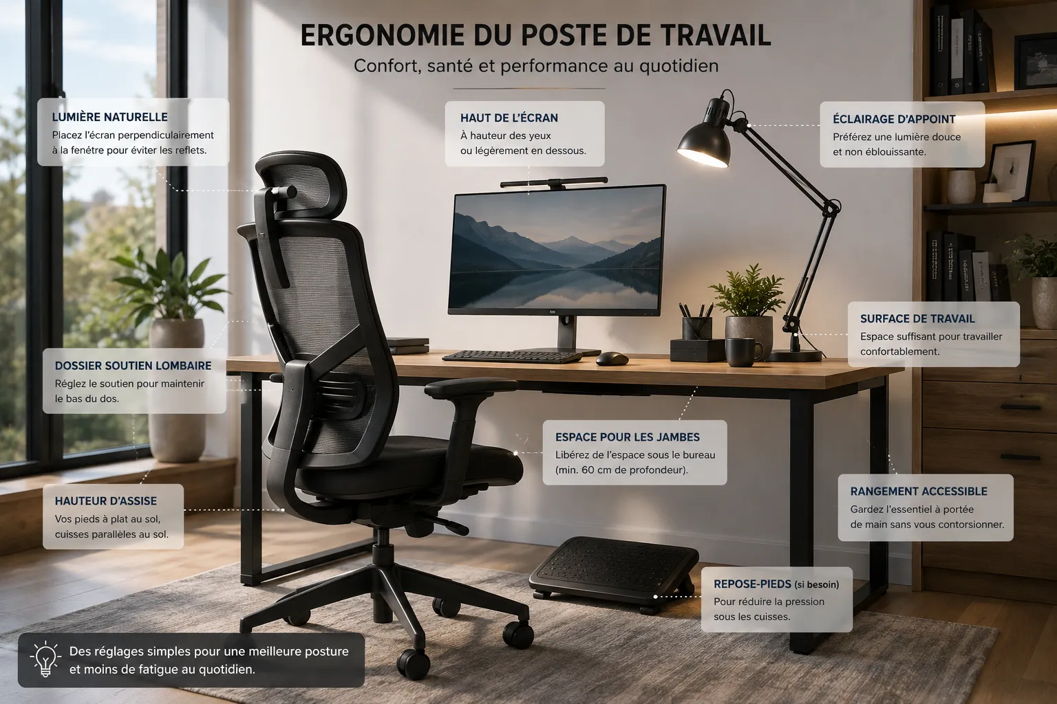 Schéma ergonomique d'un poste de travail avec réglage du siège écran clavier souris et repose-pieds