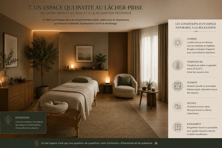 Espace sobre de relaxation ou Reiki avec lumière douce, intimité, rangement et matières naturelles