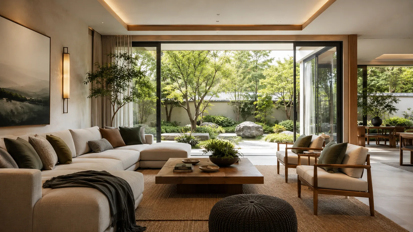 Salon contemporain Feng Shui avec circulation fluide bois pierre plantes et ouverture sur le jardin