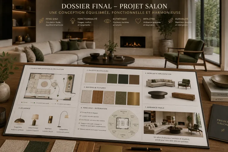 Dossier final d’aménagement avec plan, palette, matières, mobilier, éclairage et principes Feng Shui