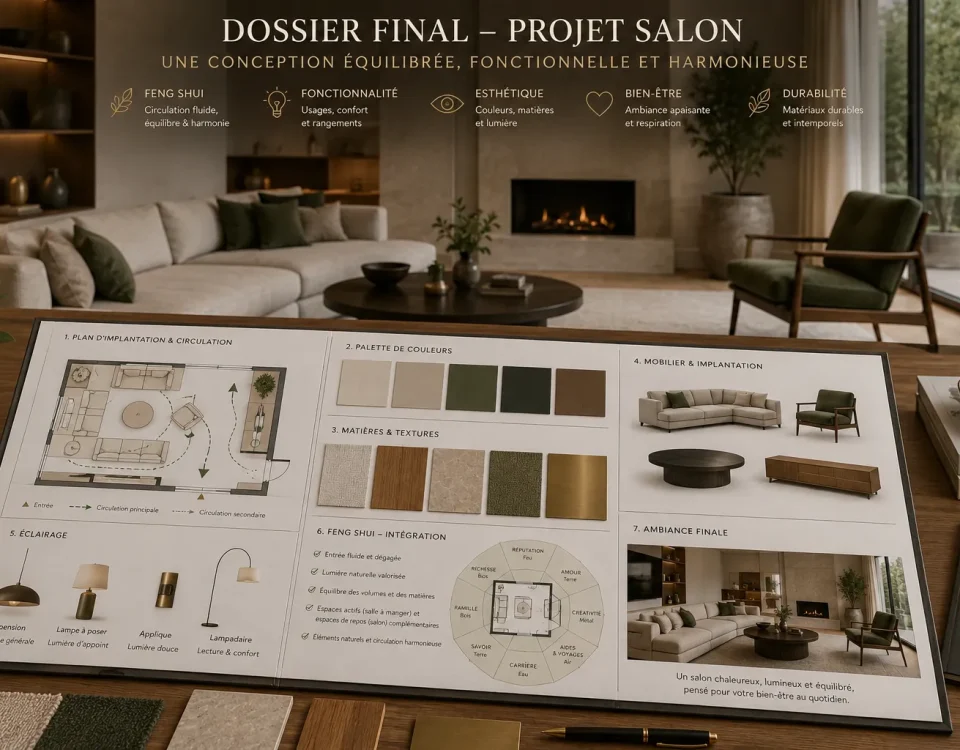 Dossier final d’aménagement avec plan, palette, matières, mobilier, éclairage et principes Feng Shui