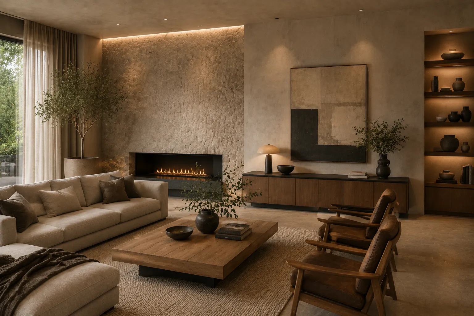 Intérieur contemporain avec mur minéral pierre et finition effet béton aux tons chauds