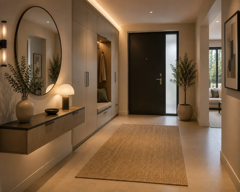 Hall d’entrée contemporain finalisé avec rangement, miroir, console et éclairage chaleureux