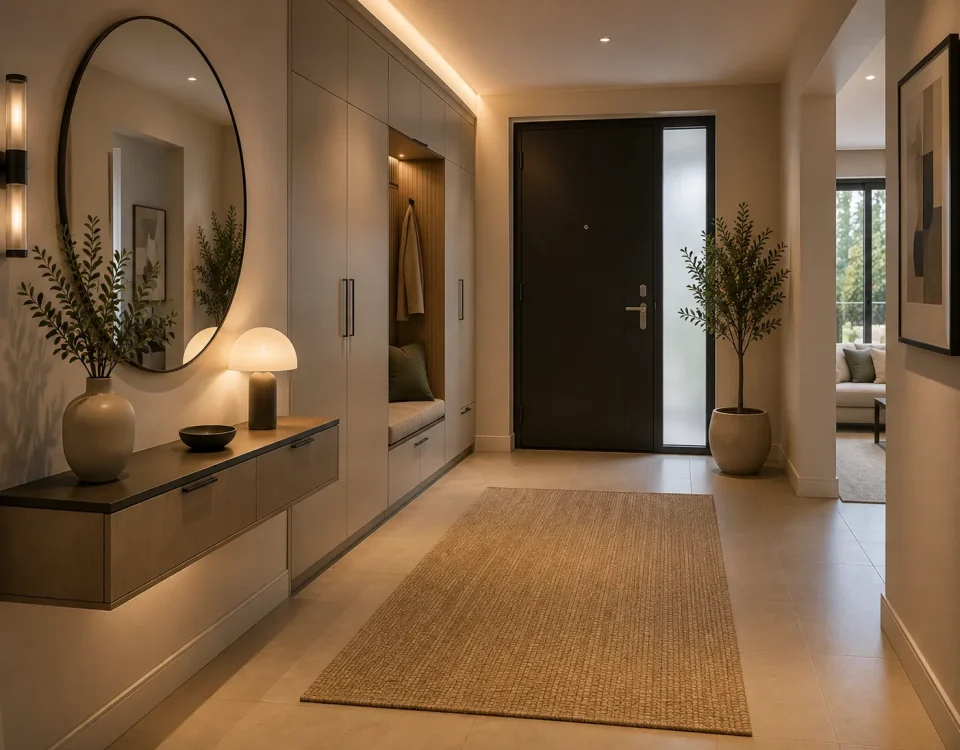 Hall d’entrée contemporain finalisé avec rangement, miroir, console et éclairage chaleureux