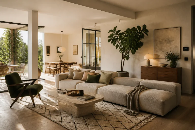 Texte alternatif : Salon moderne et chaleureux associant bois, matières naturelles, lumière douce et mobilier contemporain