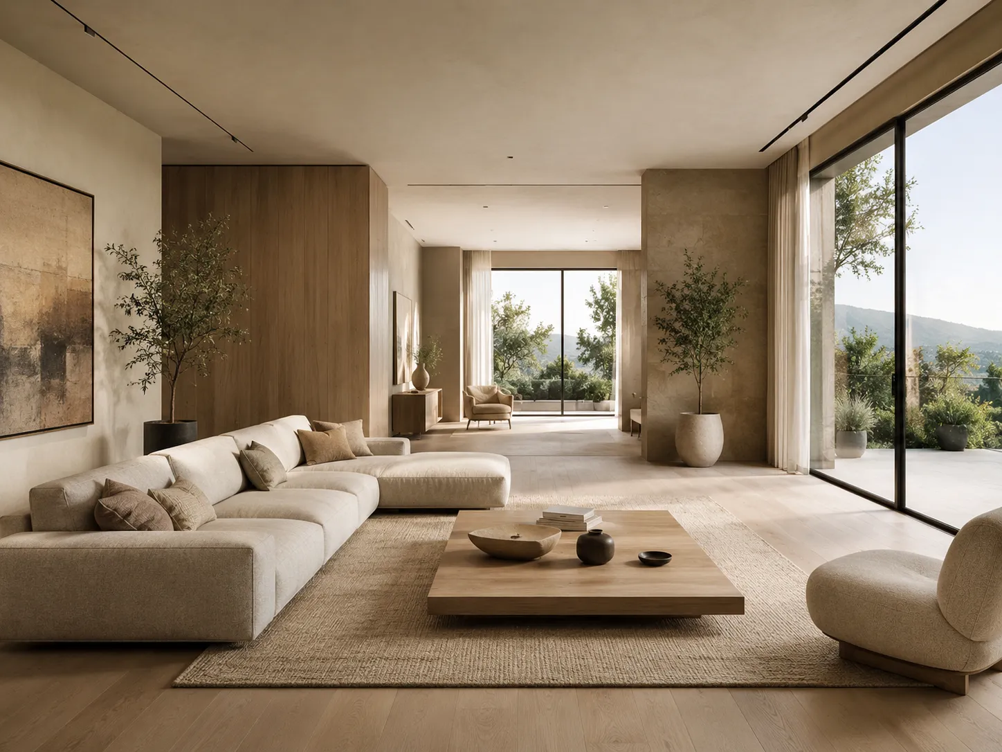 Salon moderne aux lignes épurées et volumes dégagés avec mobilier aux formes simples