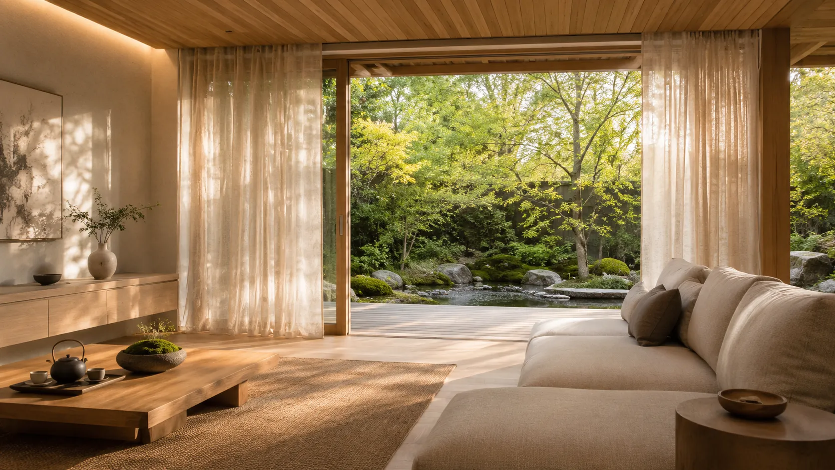 Intérieur zen lumineux ouvert sur le jardin avec voilages lumière naturelle et éclairage indirect