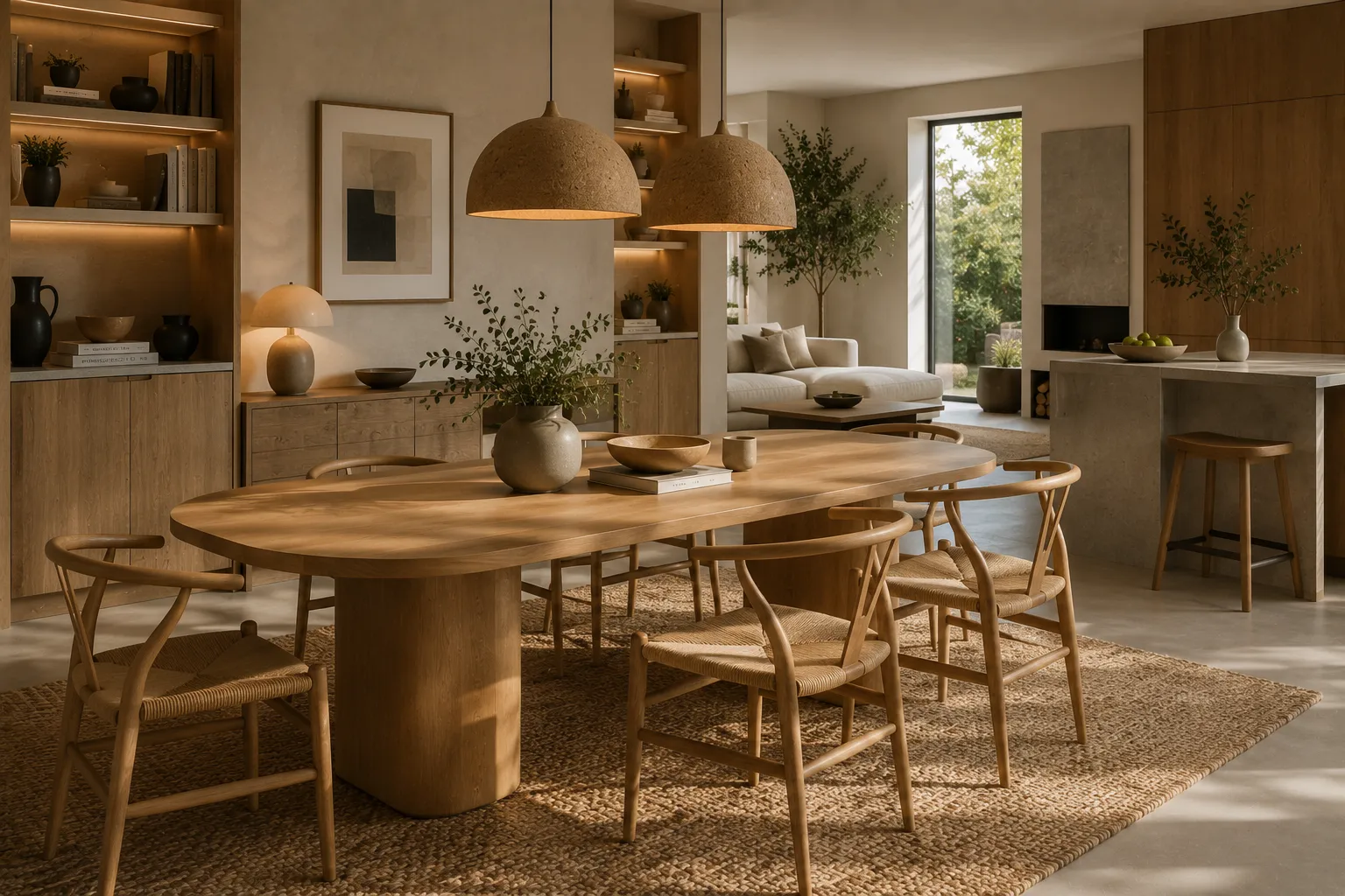 Mobilier durable en bois, liège et fibres naturelles dans un intérieur moderne