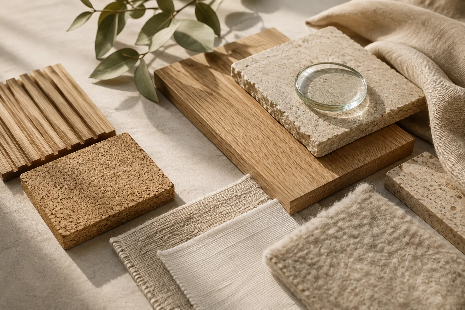 Échantillons de bois, liège, lin, laine et pierre pour un projet de décoration écologique